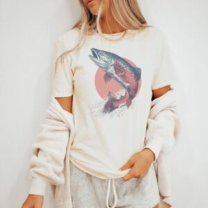 Fish Leap Graphic Tee with Etching Art Style Design